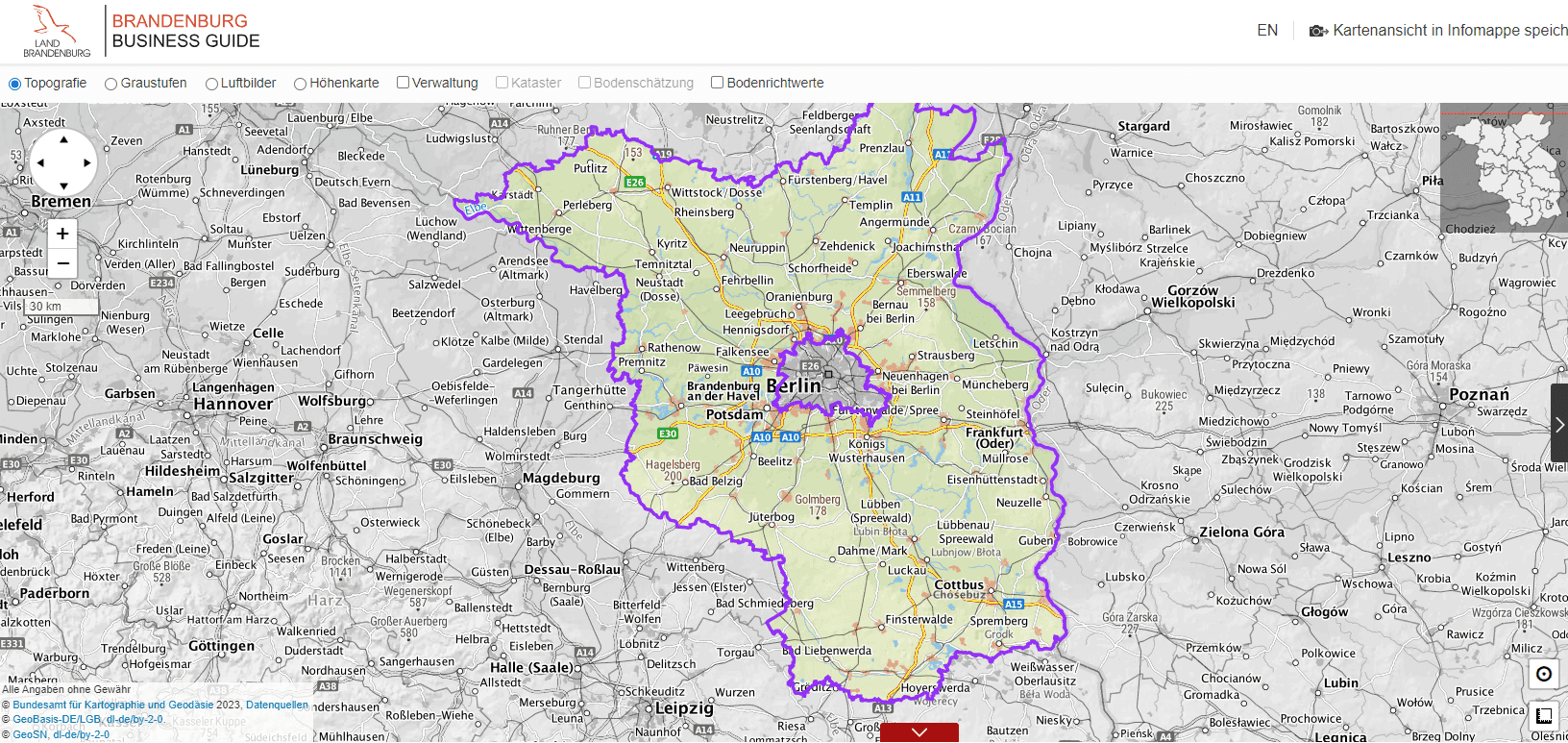 Kartenausschnitt des Wirtschaftsraums Berlin-Brandenburg